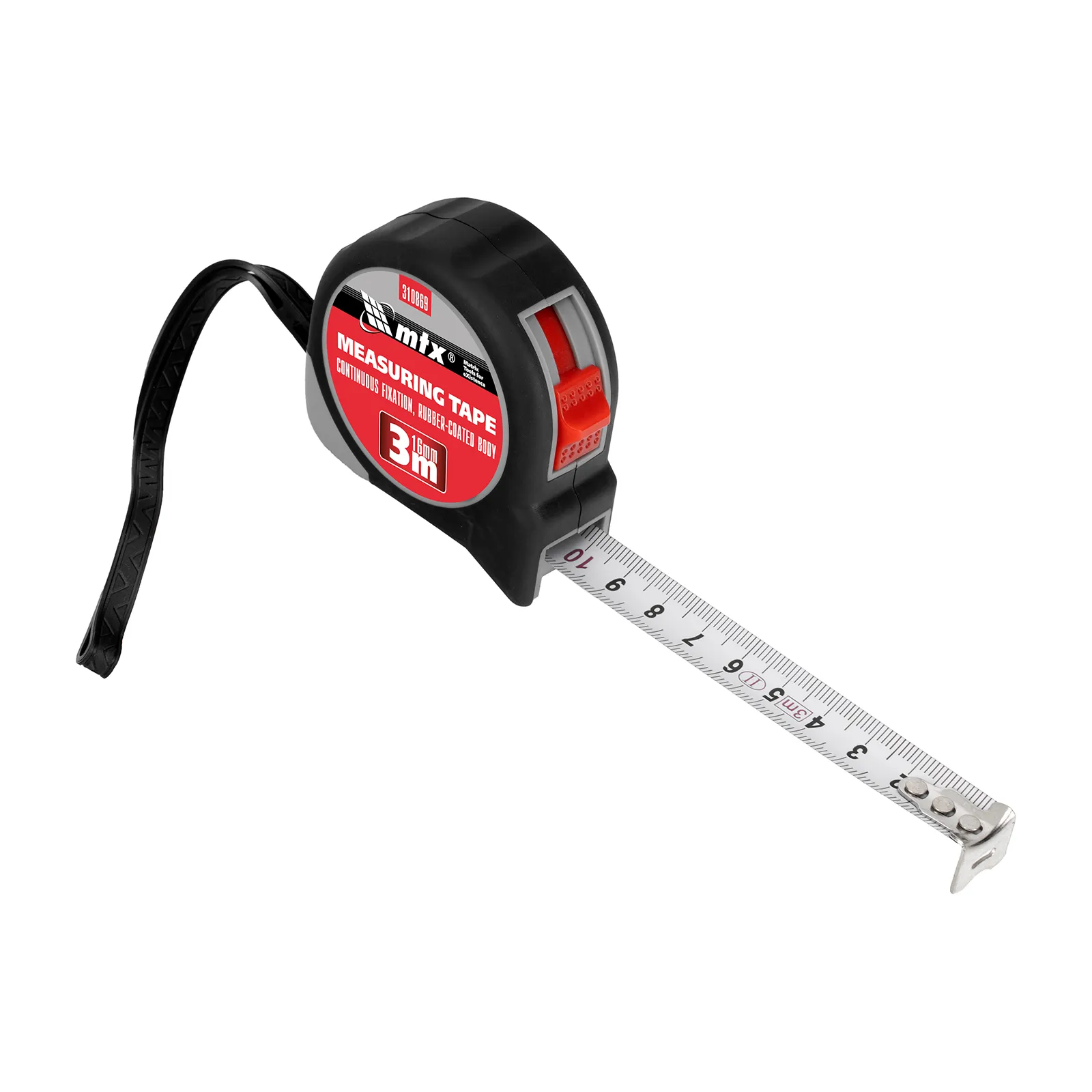 Ролетка 3 метра х 16 мм., гумиран корпус, плавно фиксиране, за бита, MTX, 310869