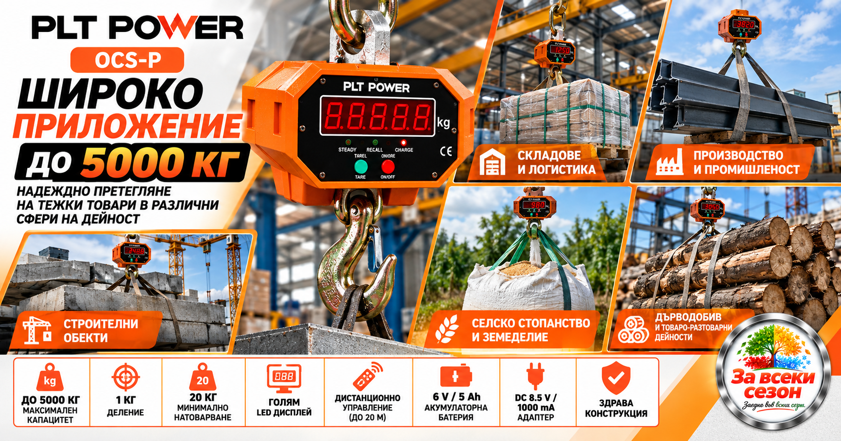 Кранов кантар 5000 кг PLT POWER OCS-P – приложения в складове, производство, строителство и земеделие