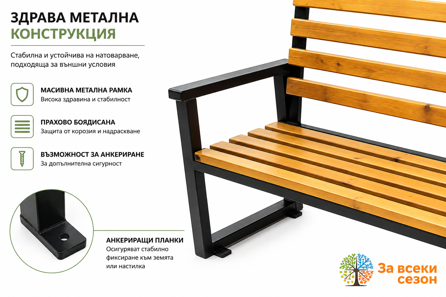 Здрава метална конструкция на градинска паркова пейка WKL-9038 с анкерни планки